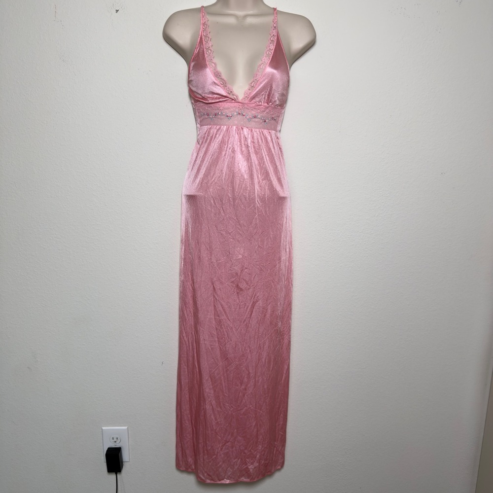 VTG Women Fairy Babydoll Slip Dress Pink Lace Floral Embroidered Satin Maxi